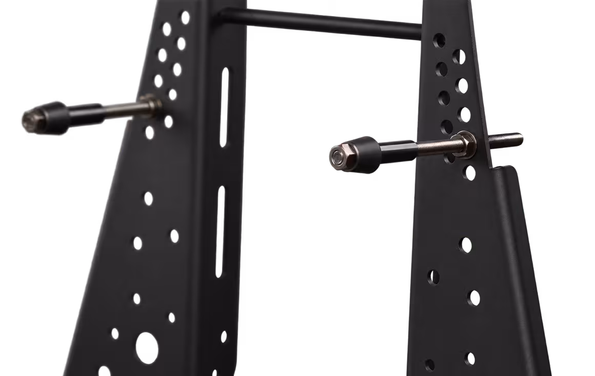 Close-up of two support rods and the side brackets of the CSL Cockpit monitor holder